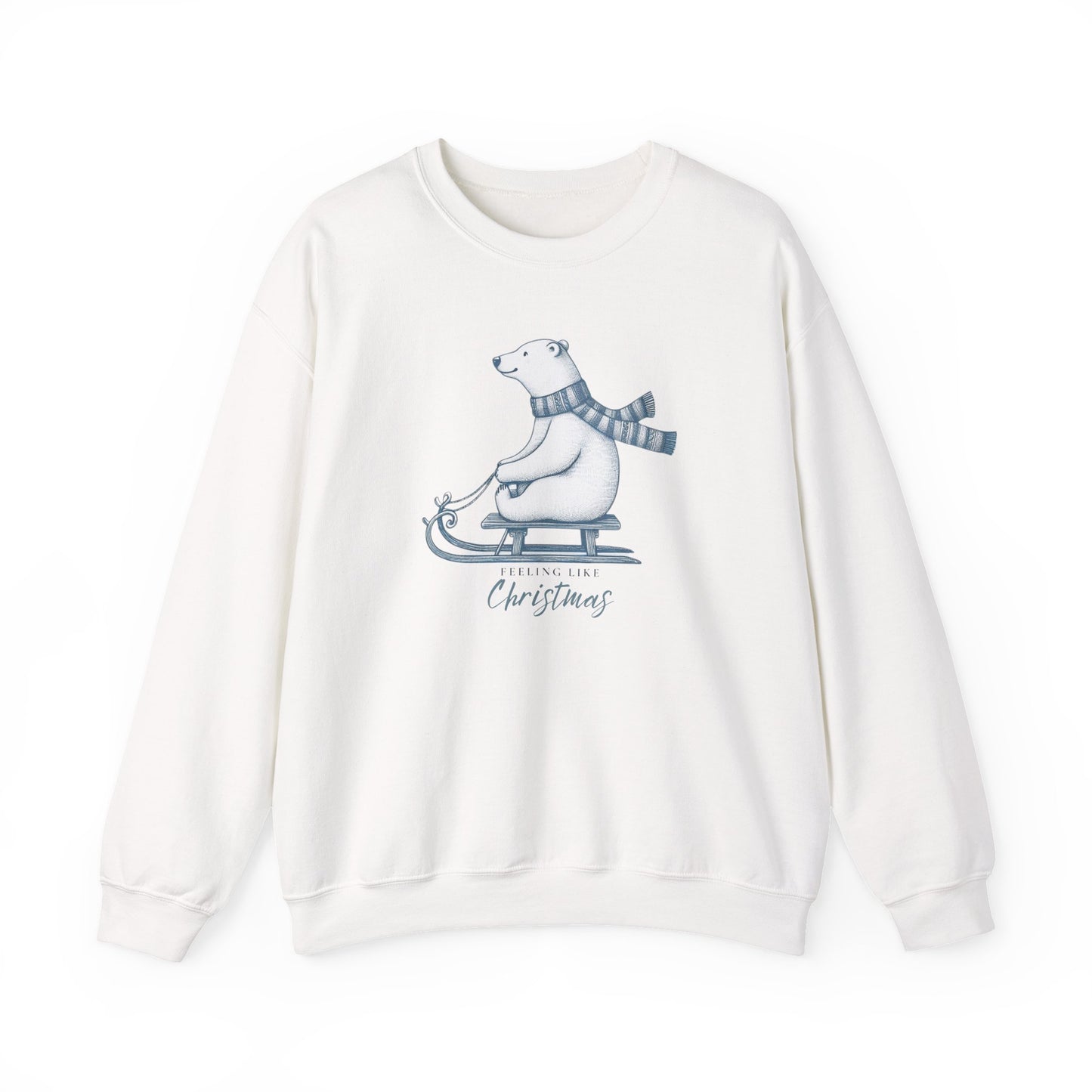 White sweatshirt with a Christmas polar bear graphic and text on a white background