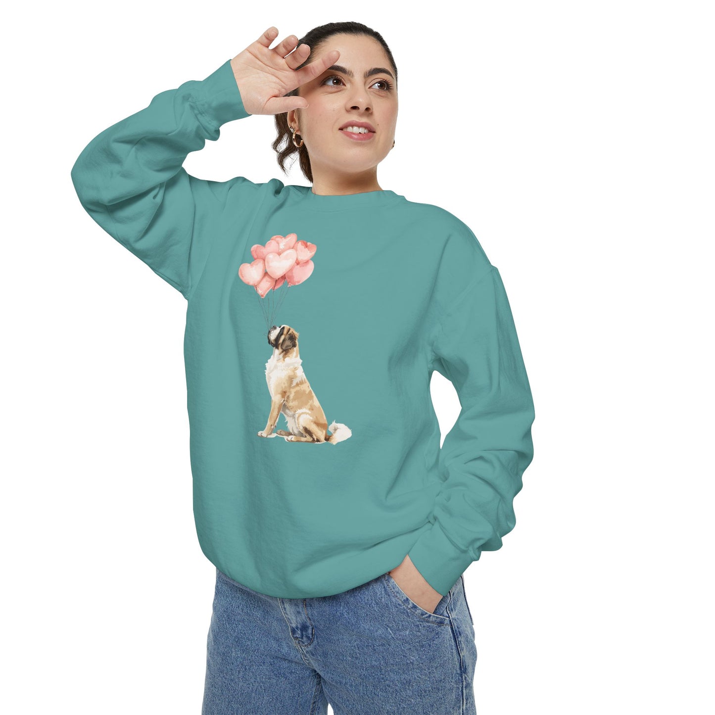 Saint Bernard with Heart Balloons Crewneck Sweatshirt