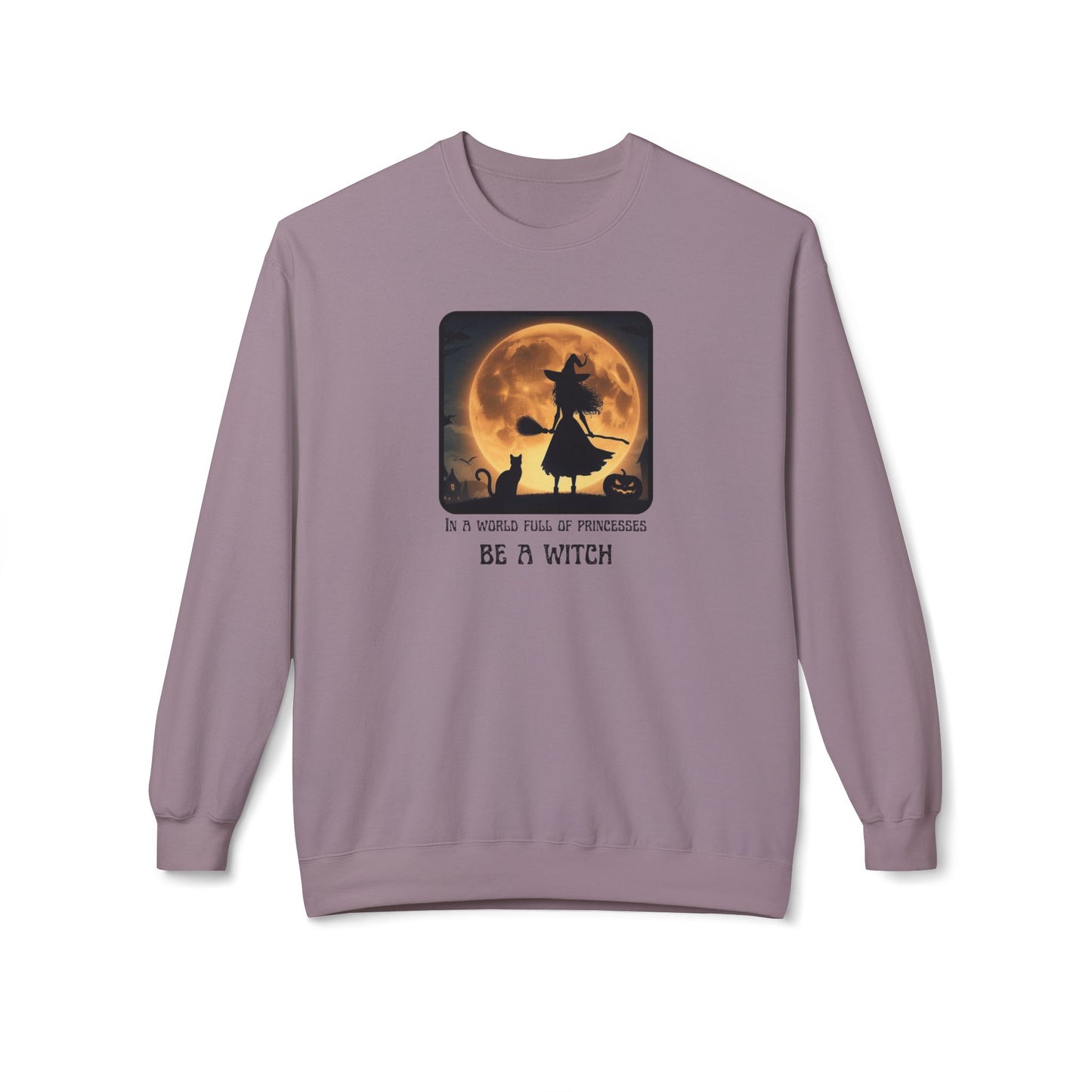 Purple sweatshirt with witch graphic and text on a white background