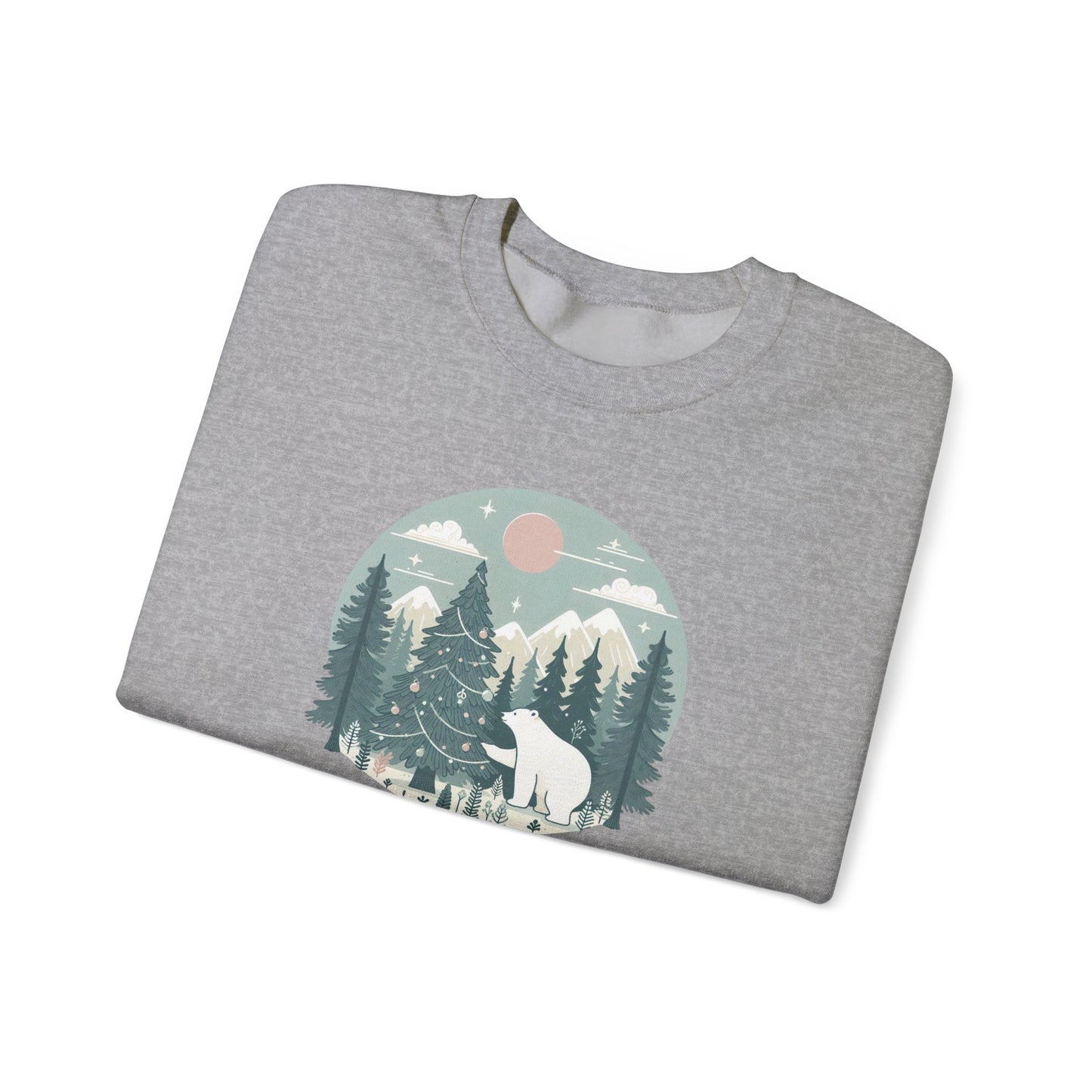 Polar Bear Decorating the Christmas Tree- Winter Forest Graphic Crewneck