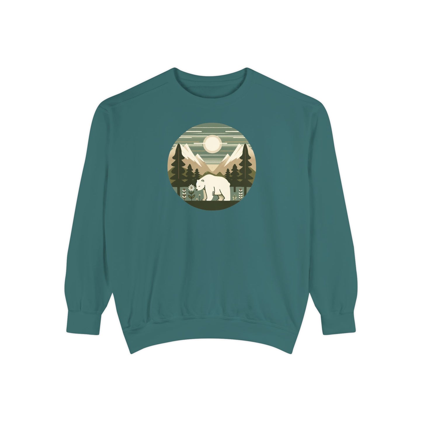 Teal sweatshirt with a bear and mountain design on a white background