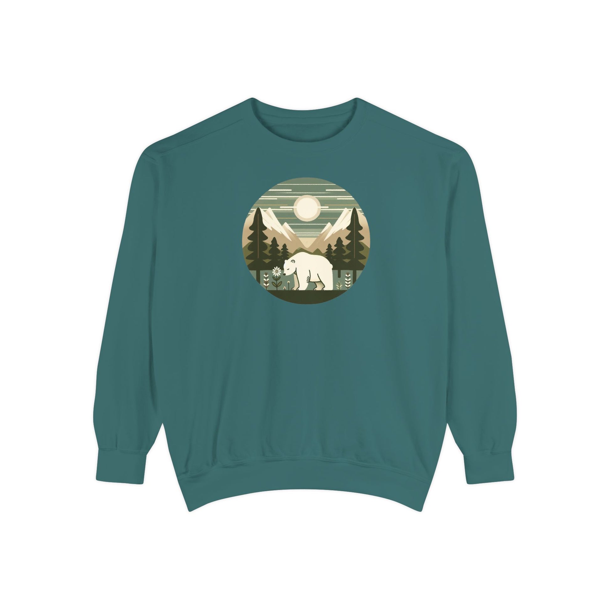 Teal sweatshirt with a bear and mountain design on a white background