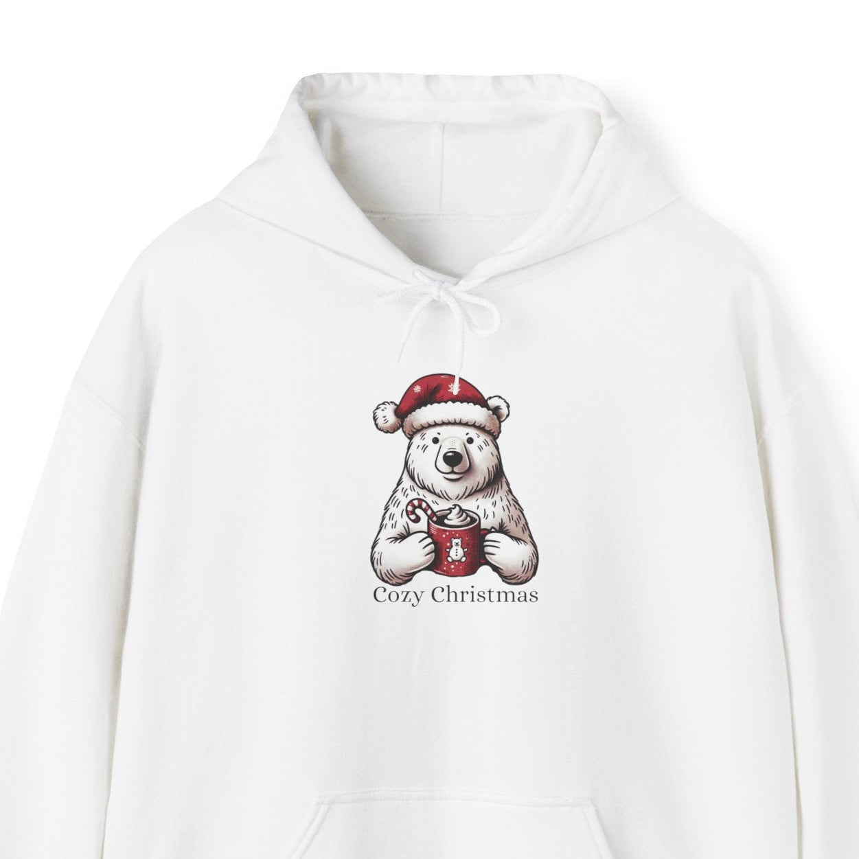 White hoodie with a polar bear design and 'Cozy Christmas' text on a white background