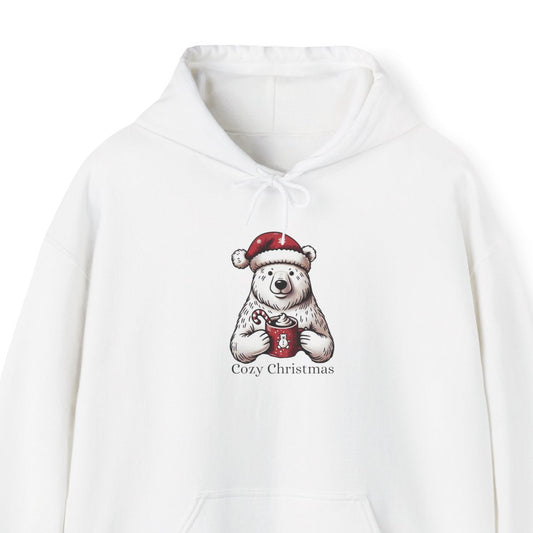 White hoodie with a polar bear design and 'Cozy Christmas' text on a white background