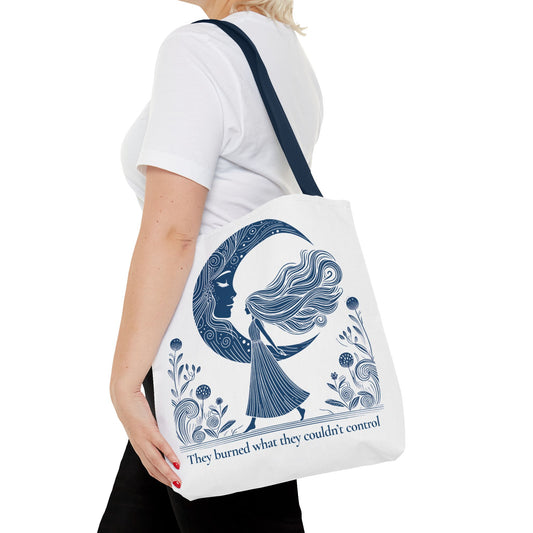 They Burned What They Couldn’t Control Tote Bag, Feminist Moon Goddess Design, Witchy Quote Gift, Women’s Empowerment Bag