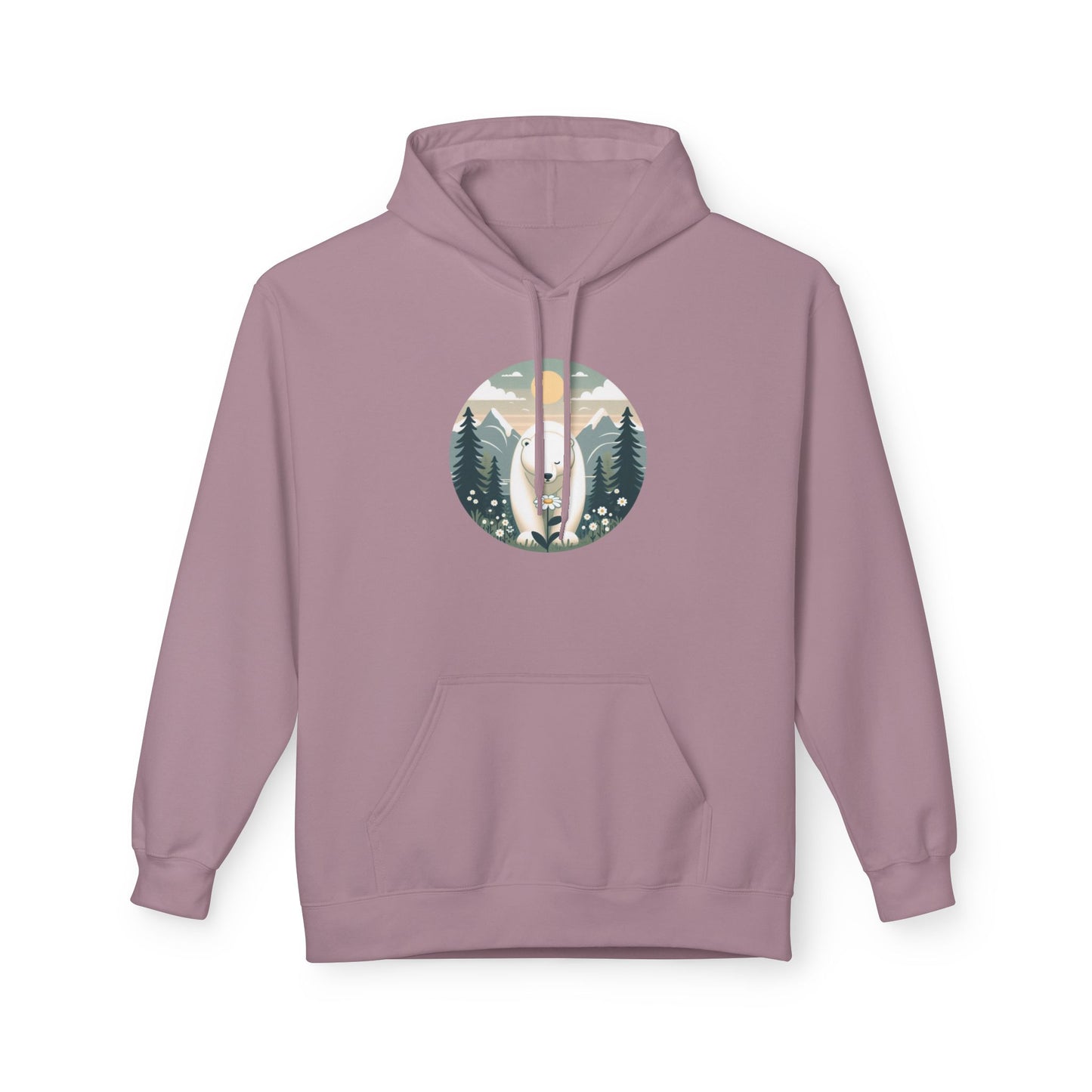 Polar Bear & Wildflower Mountain Hoodie, Midweight Cozy Nature Graphic Sweatshirt