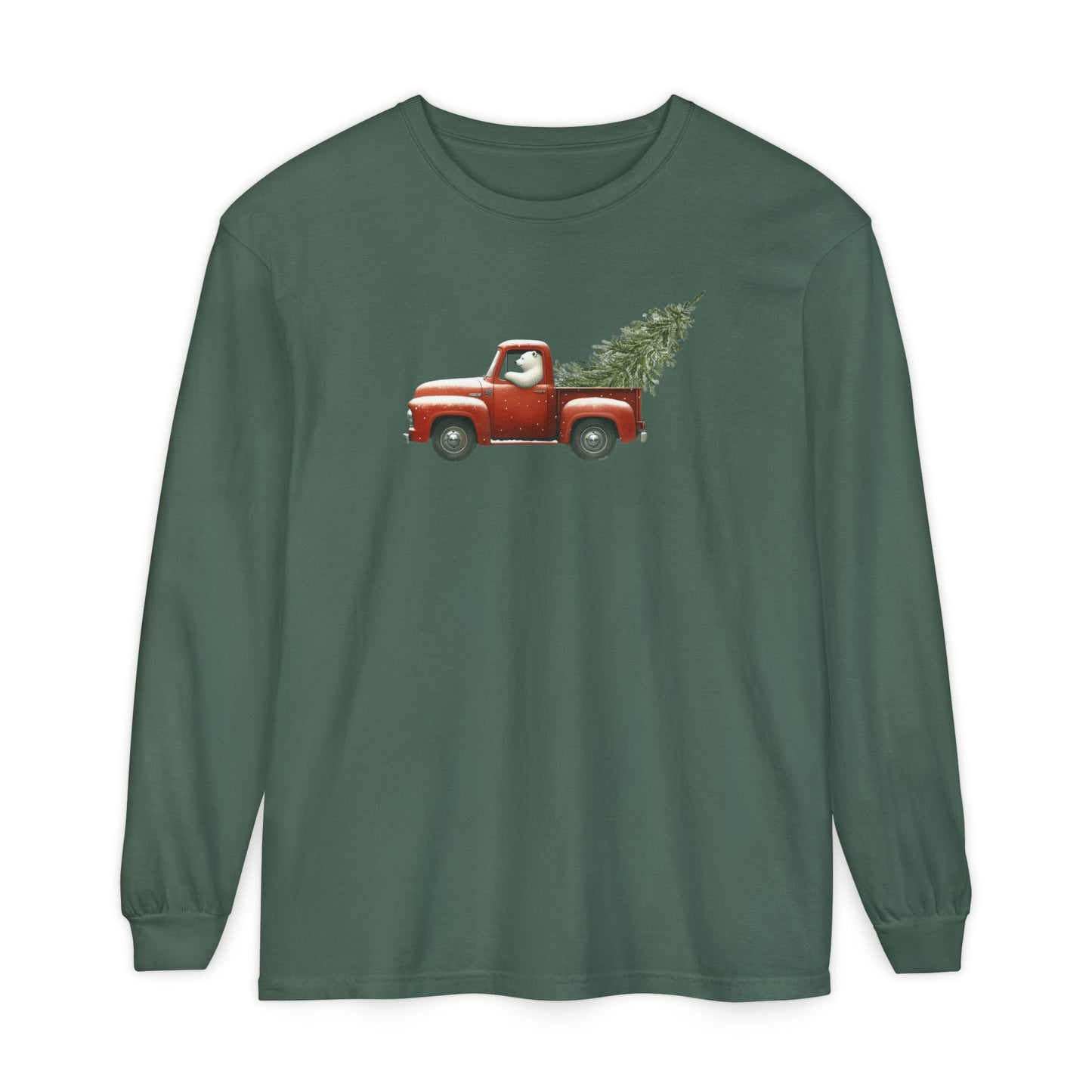 Snowy Christmas Ride, Polar Bear Red Truck Design Long Sleeve Tee