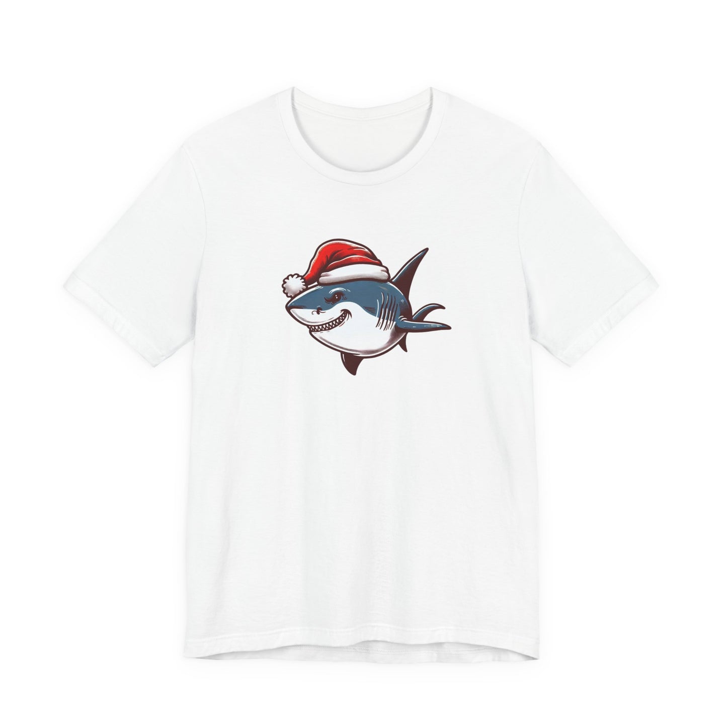 White t-shirt with a shark wearing a Santa hat graphic on a white background