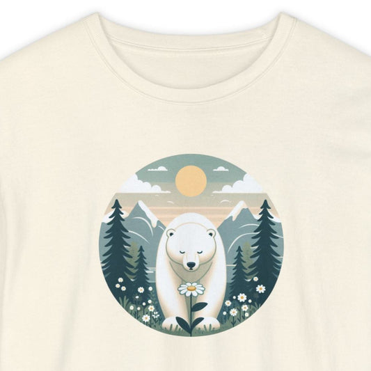 Beige sweatshirt with a graphic of a polar bear and forest design on a white background