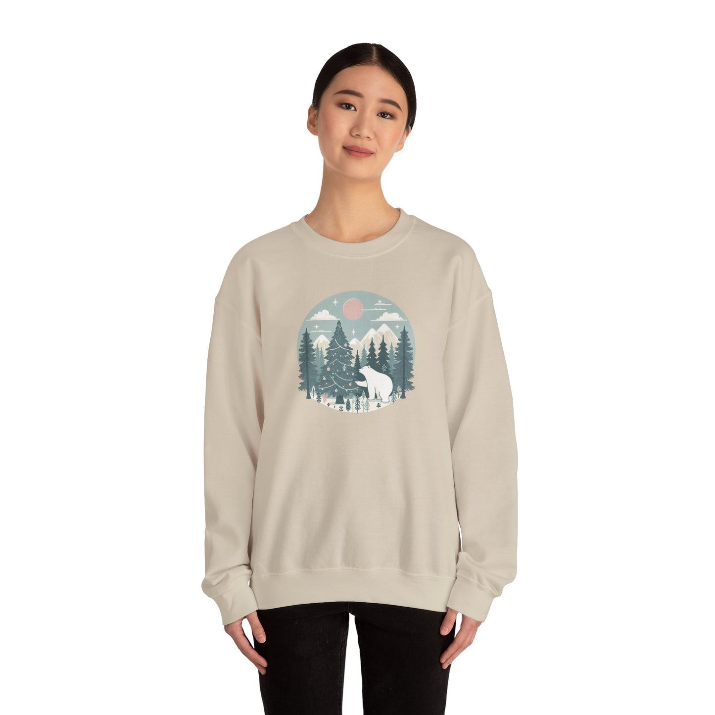 Polar Bear Decorating the Christmas Tree- Winter Forest Graphic Crewneck