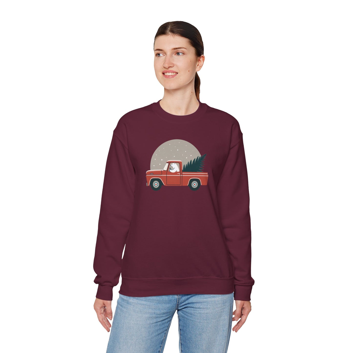 Moonlit Haul, Polar Bear Christmas Truck Design Sweatshirt
