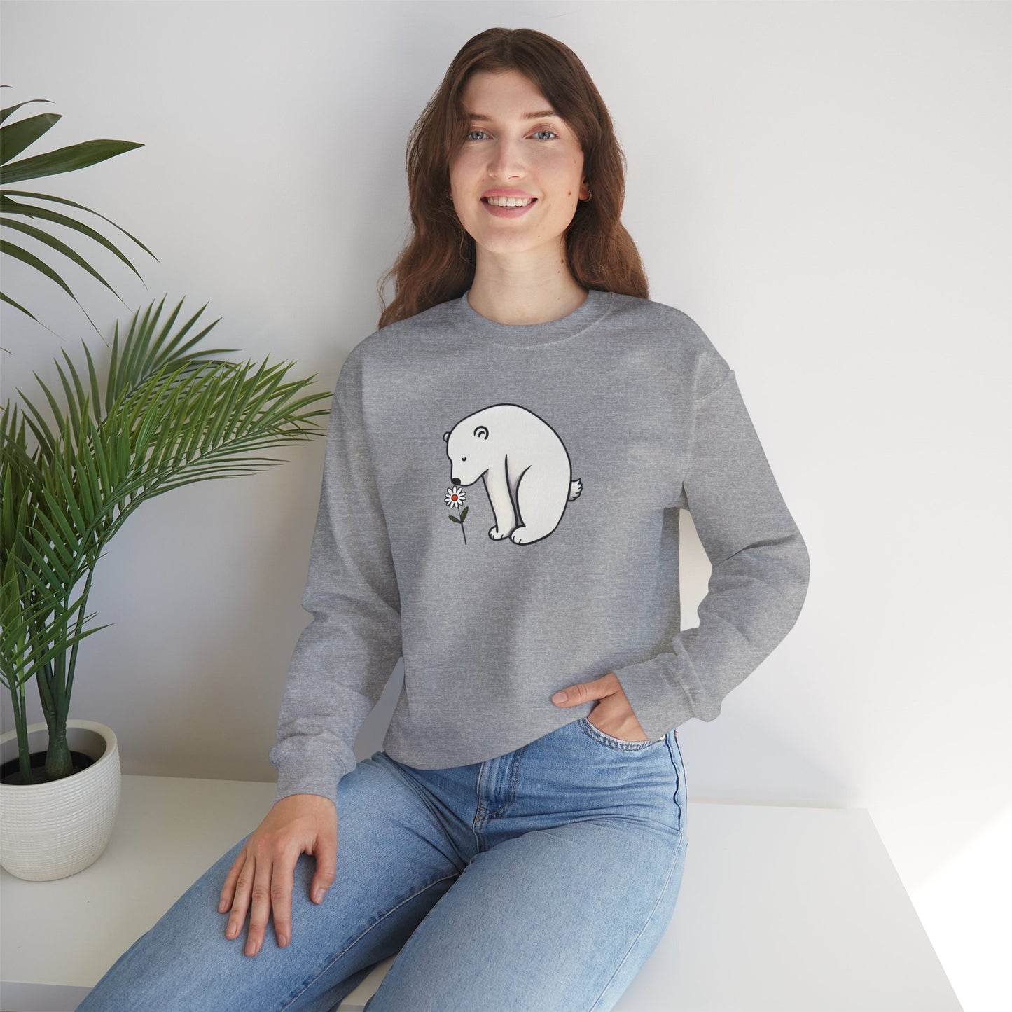 Minimalist Polar Bear Sweatshirt, Daisy Nature Design, Gentle Cozy Fleece