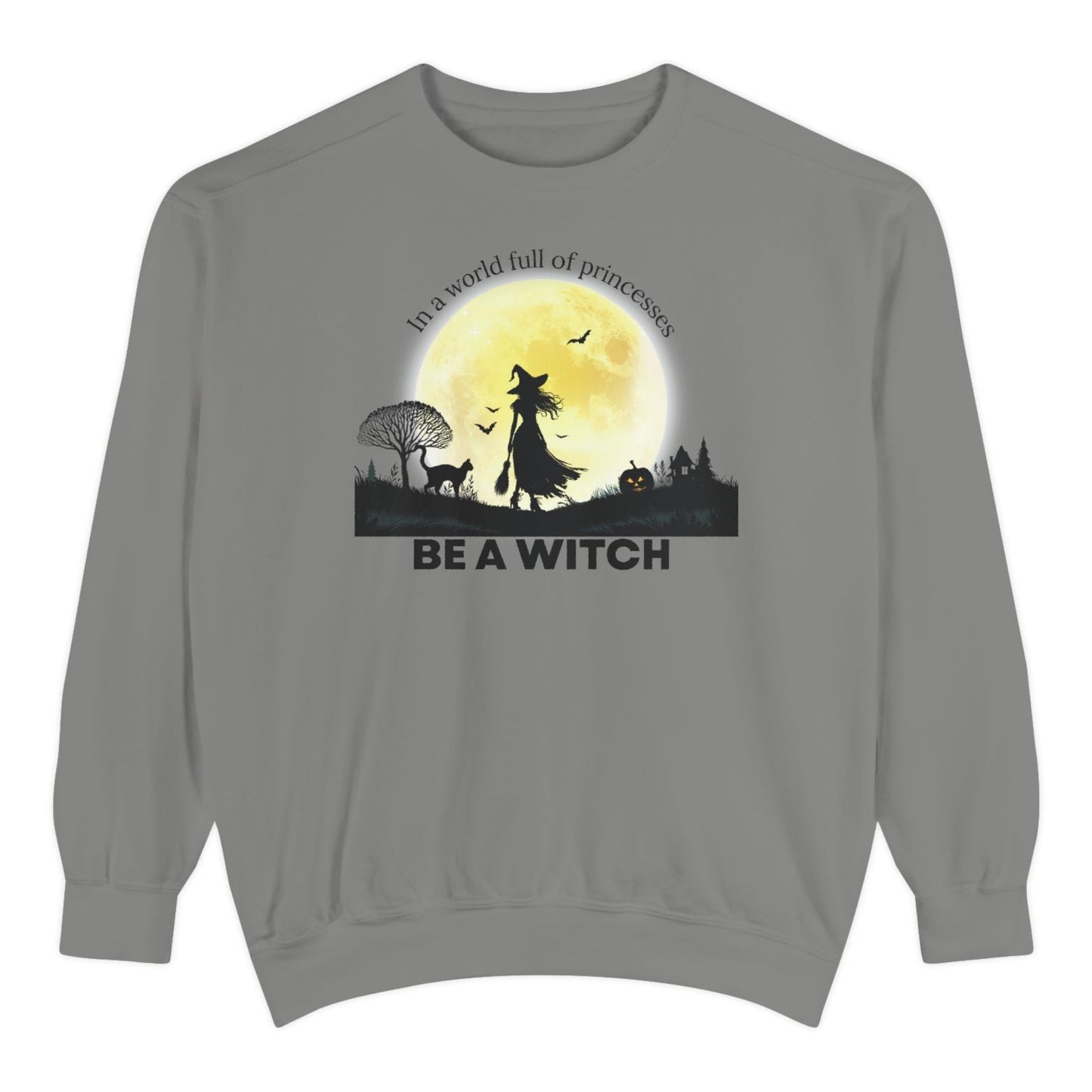 Gray sweatshirt with Halloween-themed design featuring a witch and moon on a white background