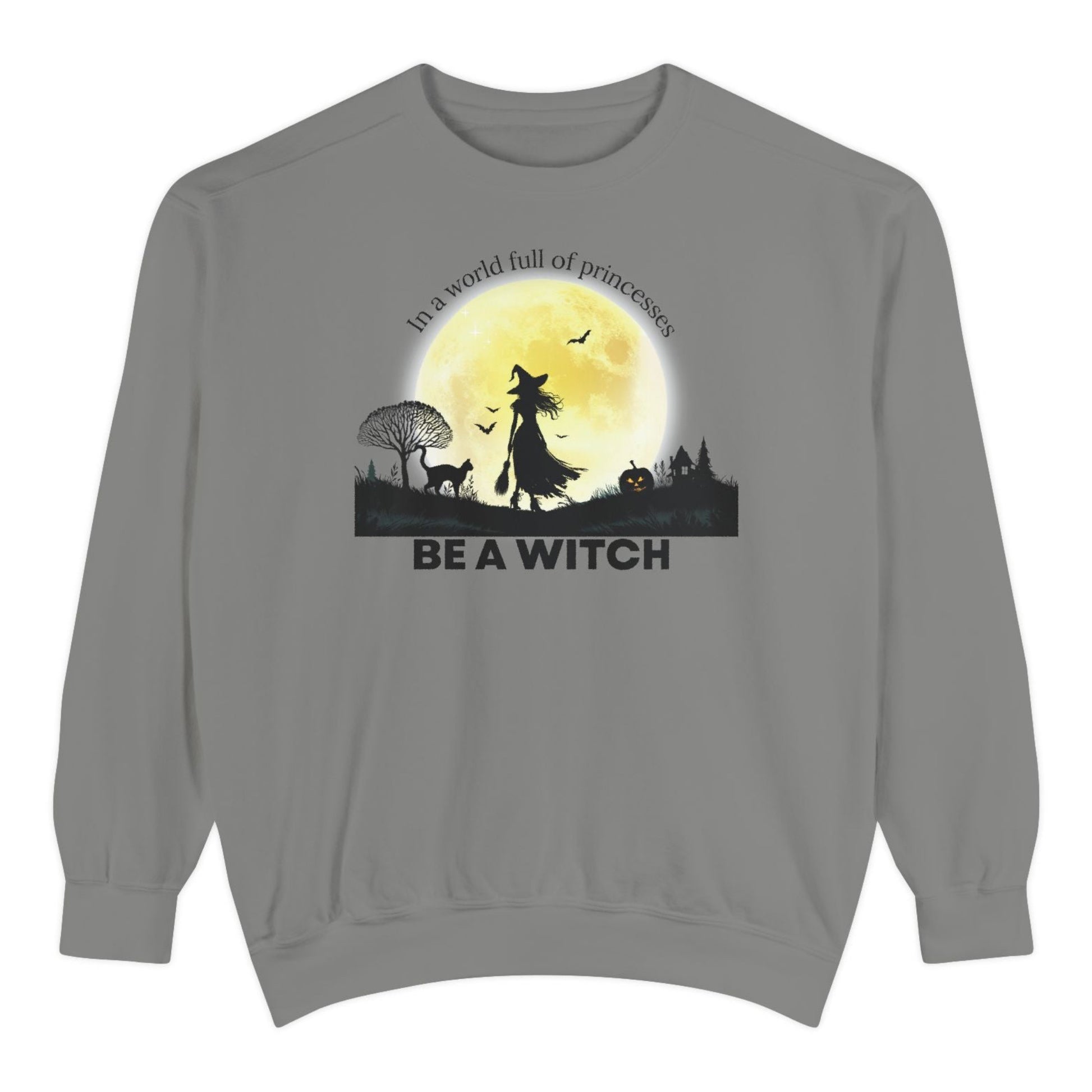 Gray sweatshirt with Halloween-themed design featuring a witch and moon on a white background