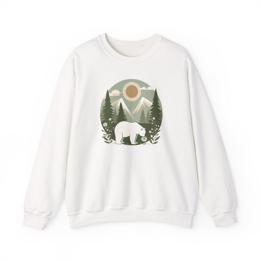 Polar bear nature sweatshirt in white with mountain and daisy graphic