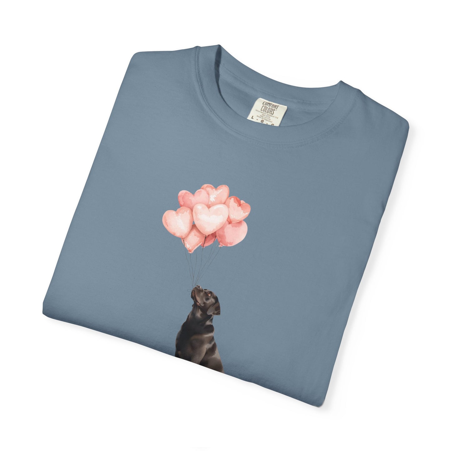 Black Labrador with Heart Balloons Comfort Colors Tee