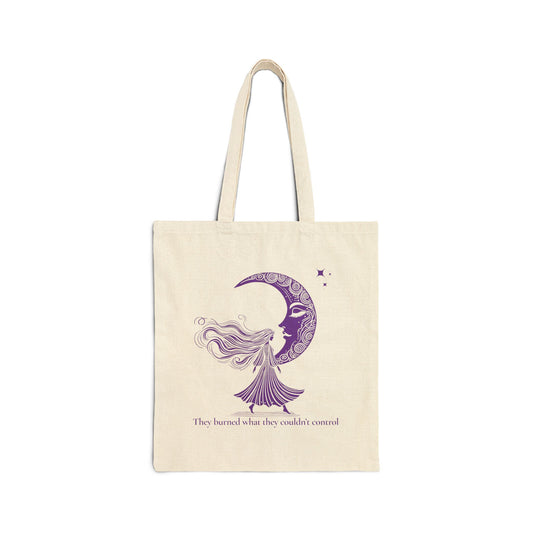 They Burned What They Couldn’t Control Tote Bag – Purple Moon Goddess Design, Feminist Witch Quote Canvas Tote