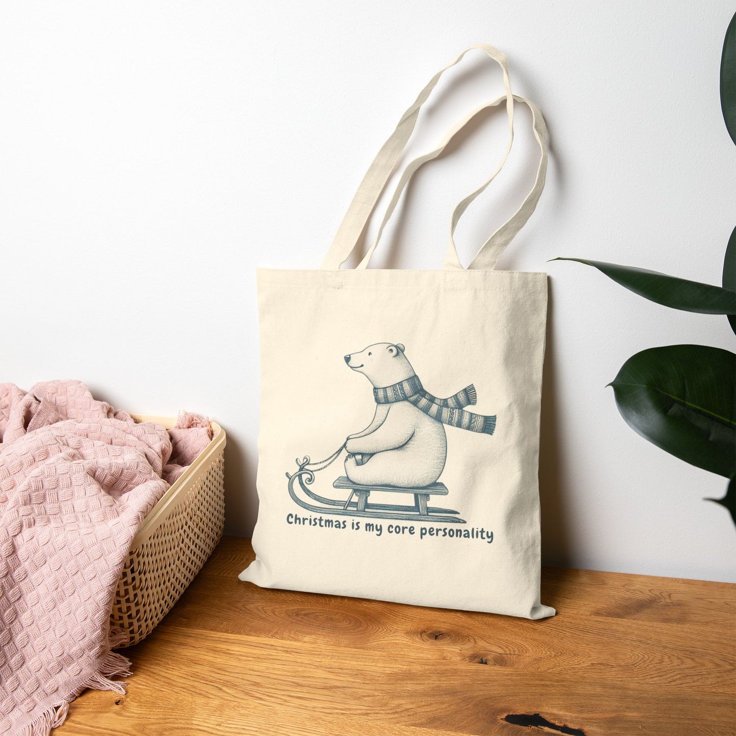 Christmas is My Core Personality Tote Bag, Polar Bear Winter Canvas Market Bag, Holiday Shopping Tote