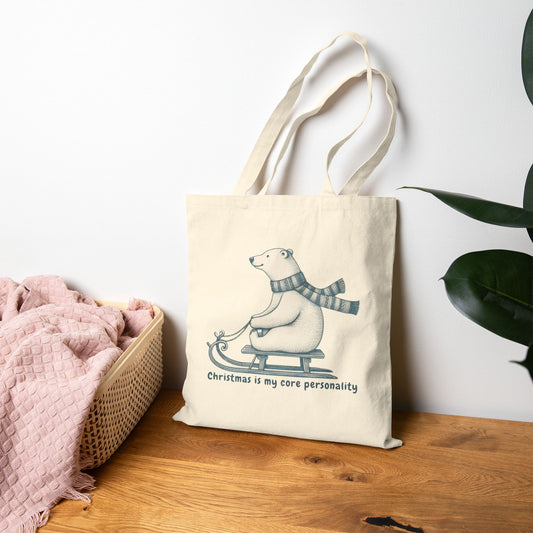Christmas is My Core Personality Tote Bag, Polar Bear Winter Canvas Market Bag, Holiday Shopping Tote