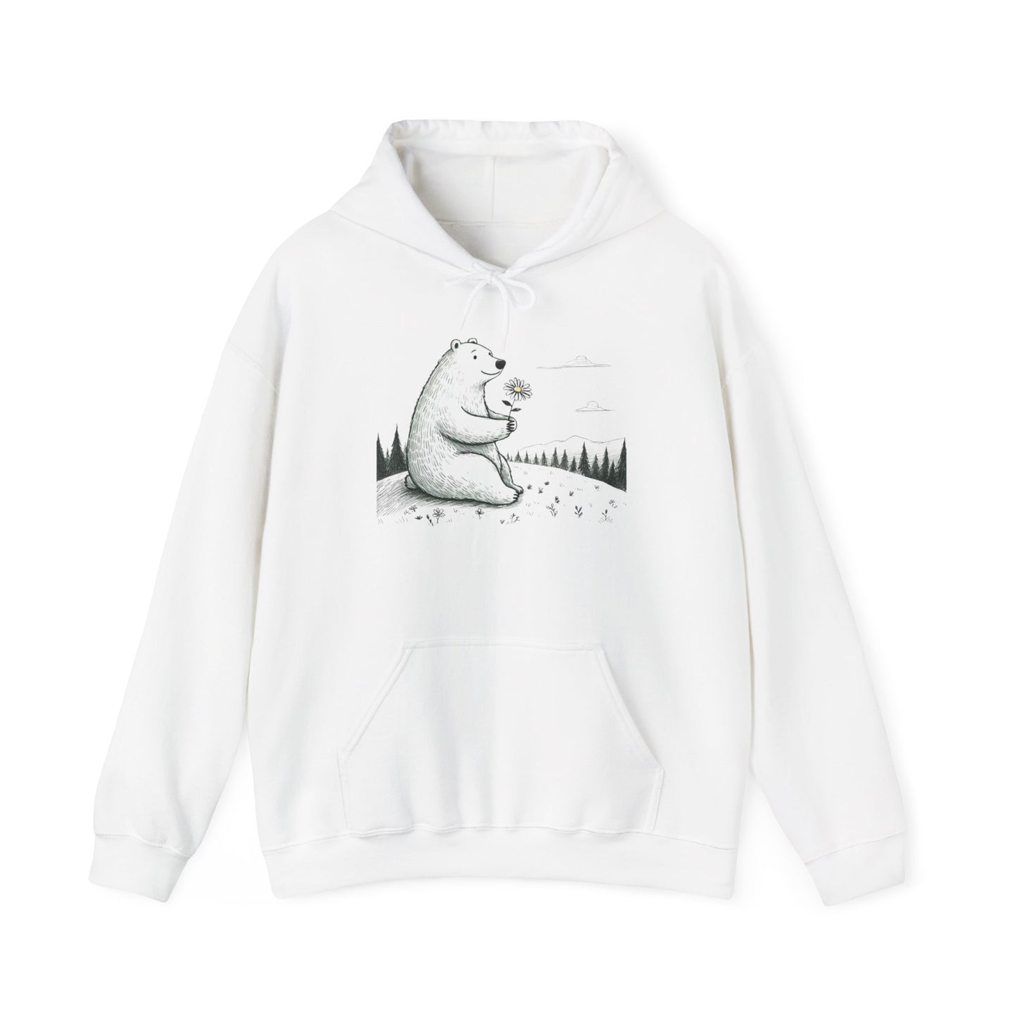 White hoodie with a bear graphic on a white background