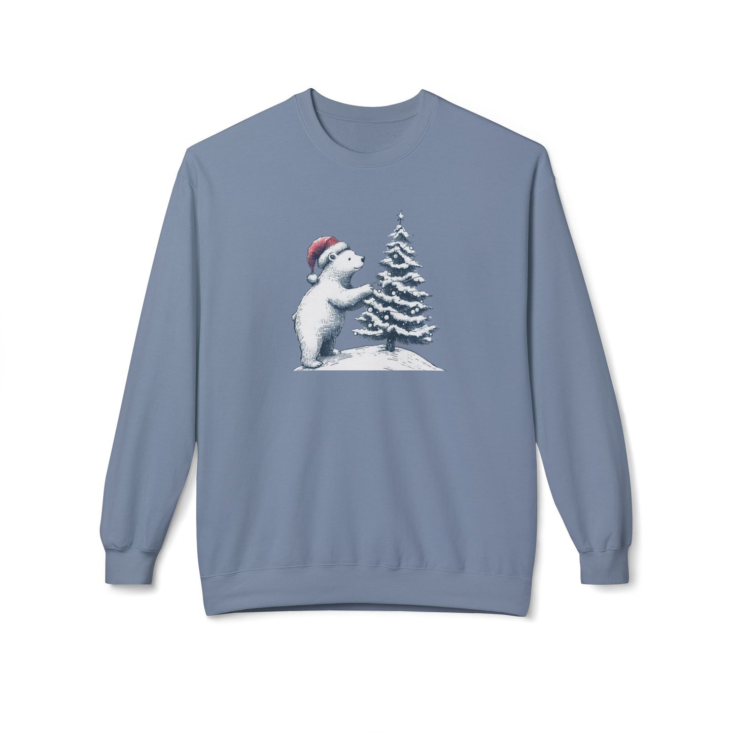 Blue sweatshirt with a graphic of a polar bear and Christmas tree on a white background