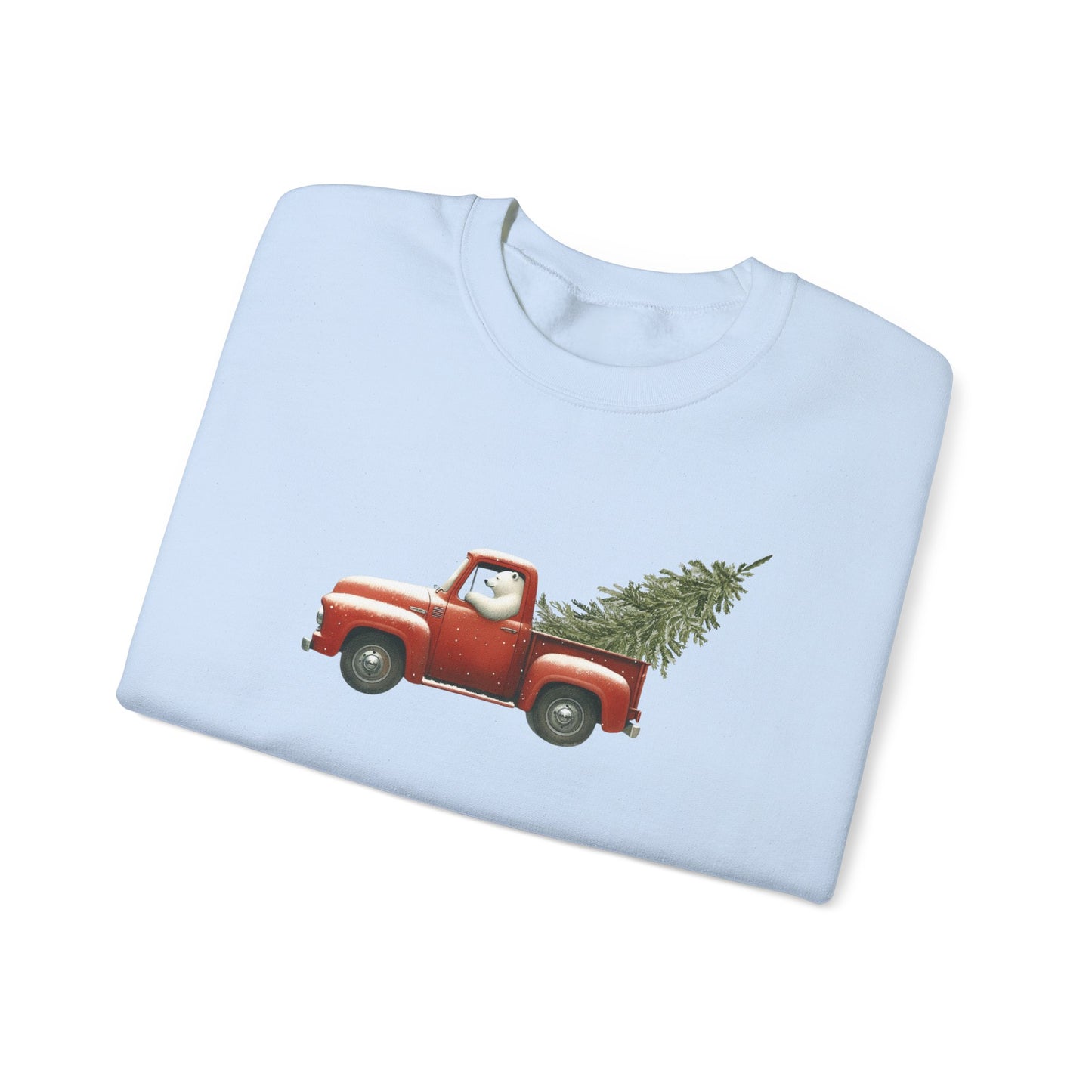 Snowy Christmas Ride, Polar Bear Red Truck Design Sweatshirt