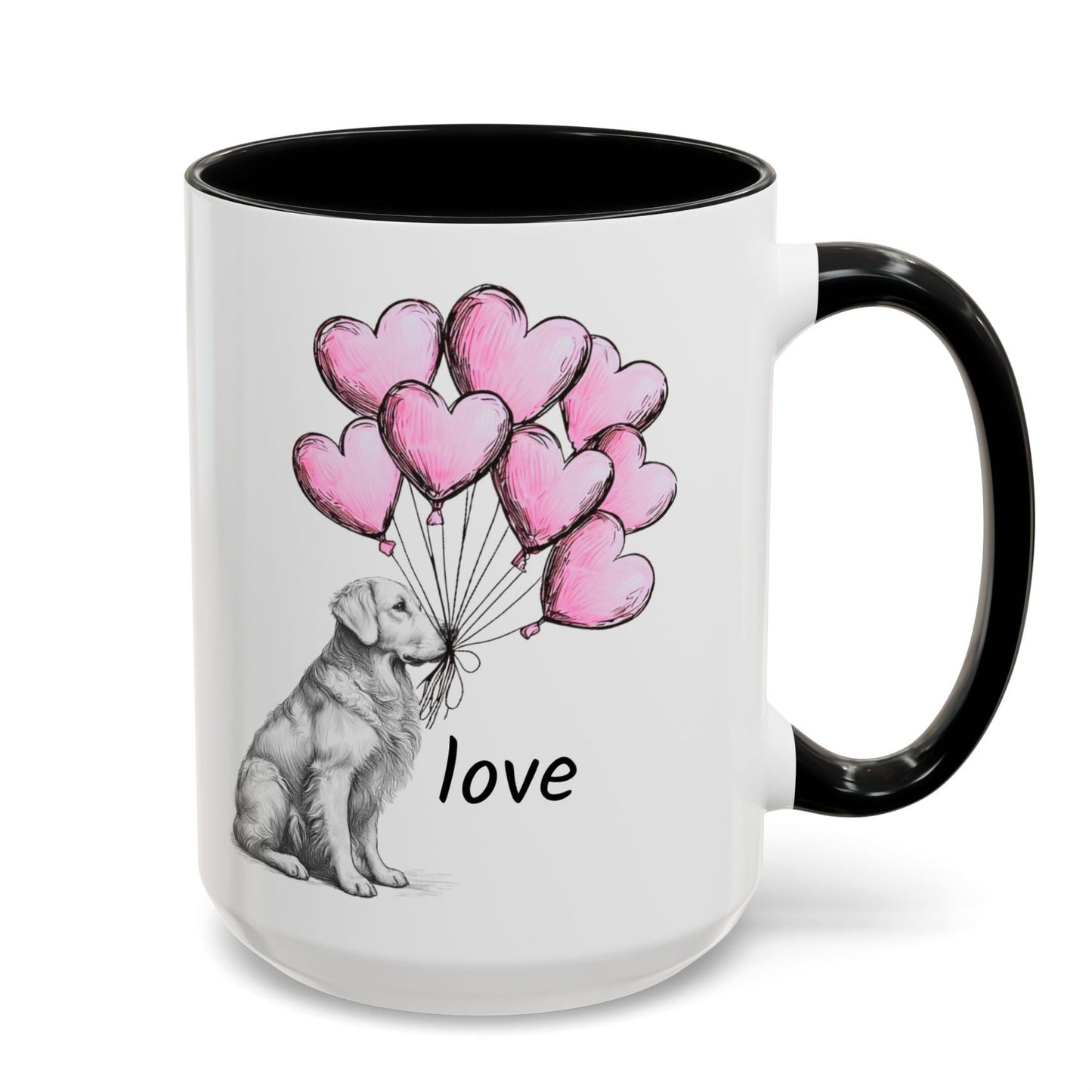 Mug with a Golden retriever dog holding pink heart balloons and the word 'love' on a white background