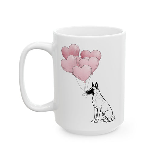 White mug with a design of a dog holding pink heart balloons on a white background