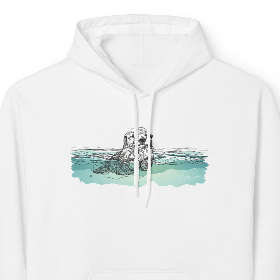 White hoodie with a graphic of a sea otter in water on a white background