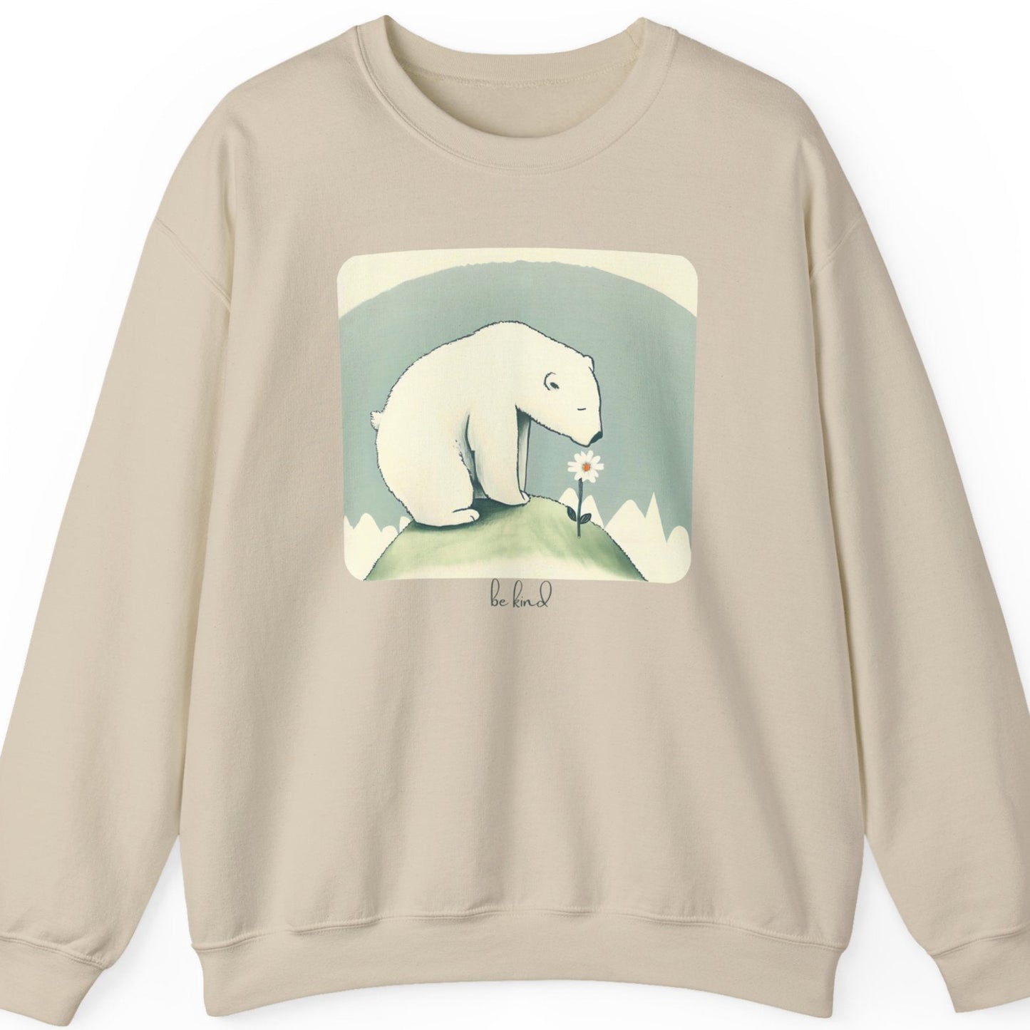 Beige sweatshirt with a graphic of a polar bear on a white background