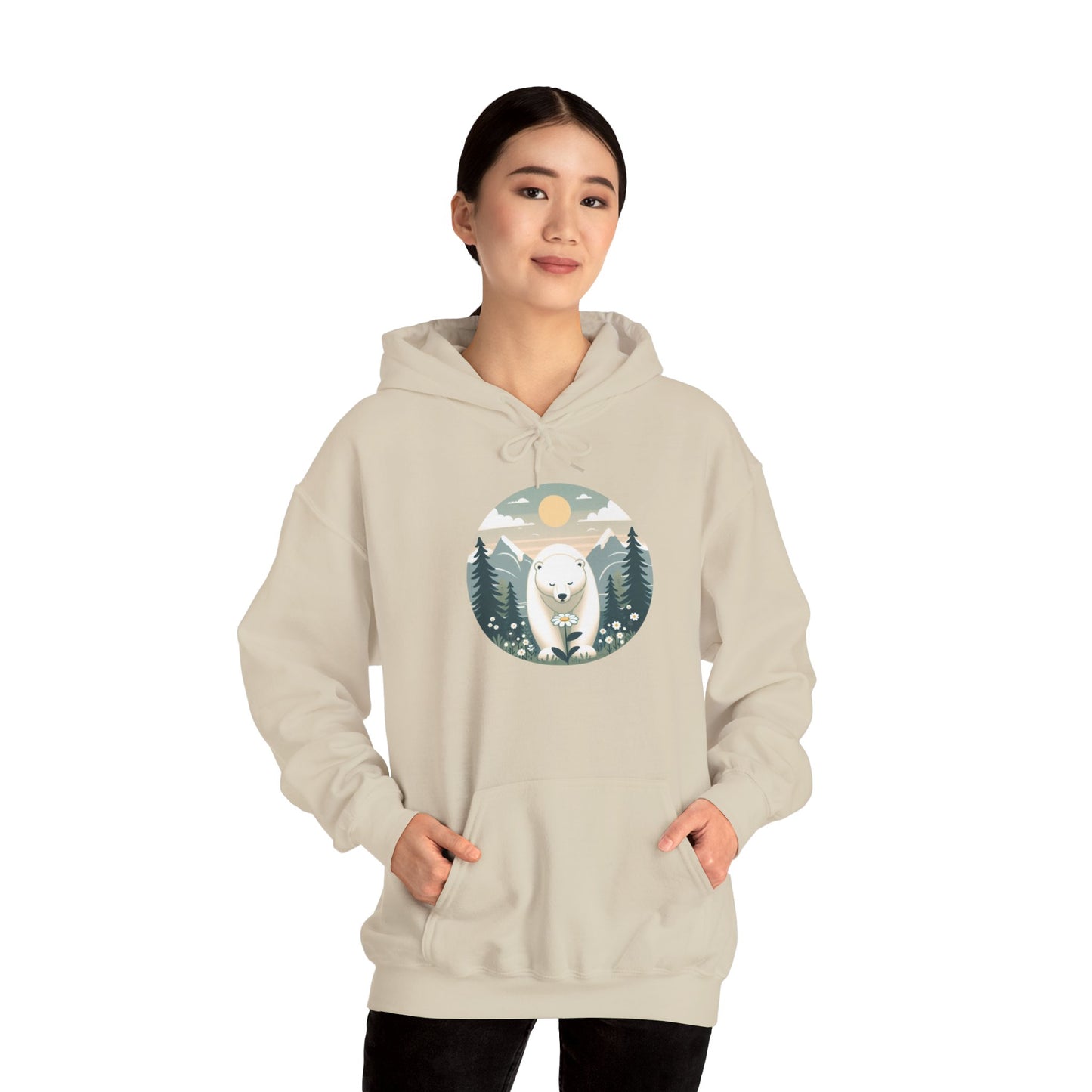 Polar Bear & Wildflower Mountain Hoodie, Heavyweight Cozy Nature Graphic Sweatshirt