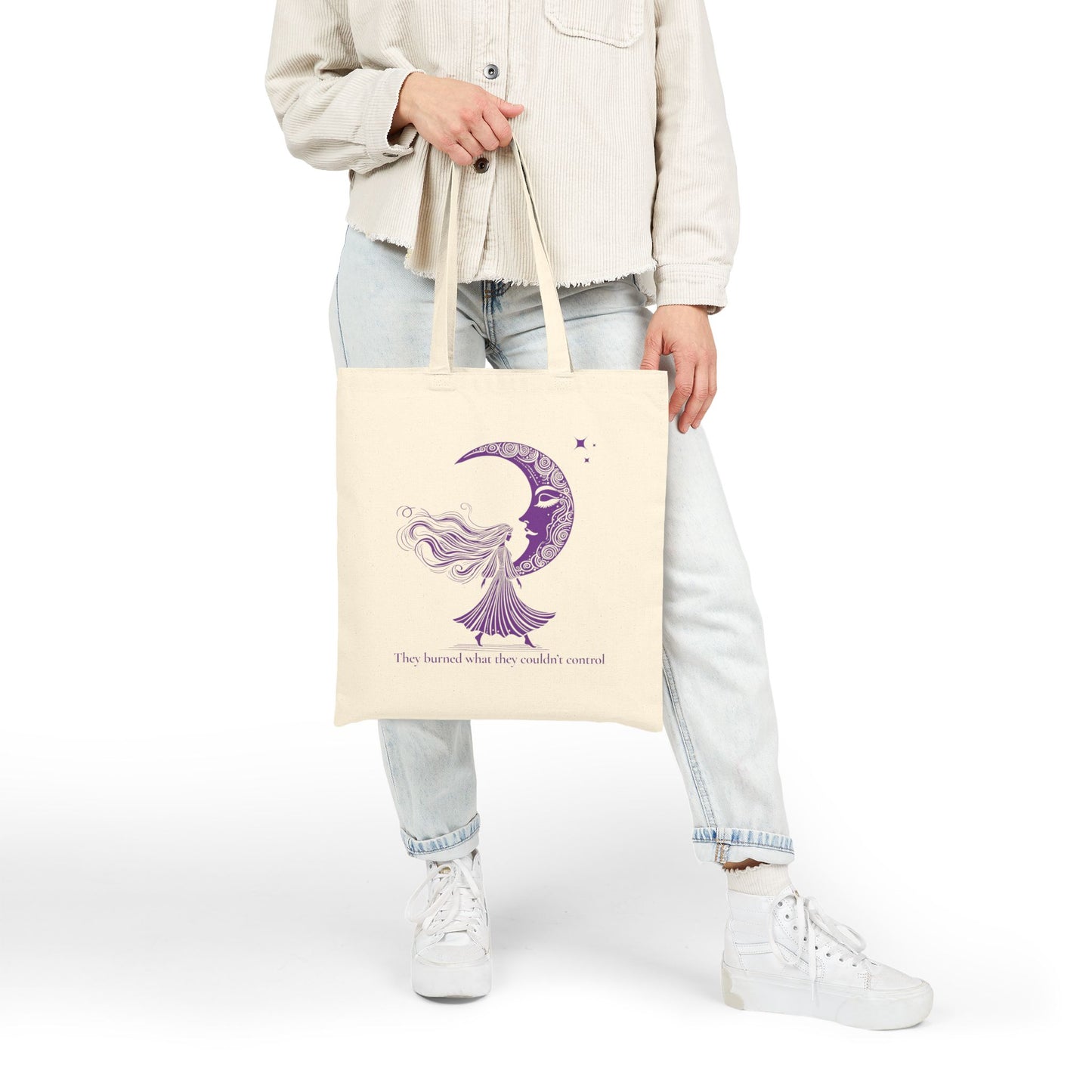 They Burned What They Couldn’t Control Tote Bag – Purple Moon Goddess Design, Feminist Witch Quote Canvas Tote