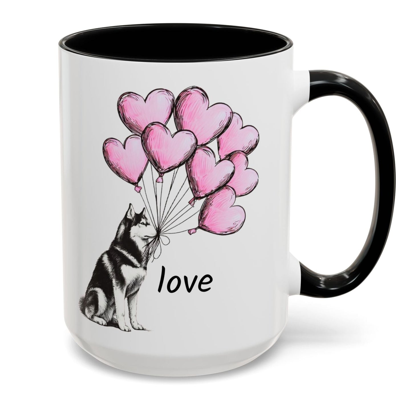 Mug with a design of a Siberian Husky dog holding pink heart balloons and the word 'love'.