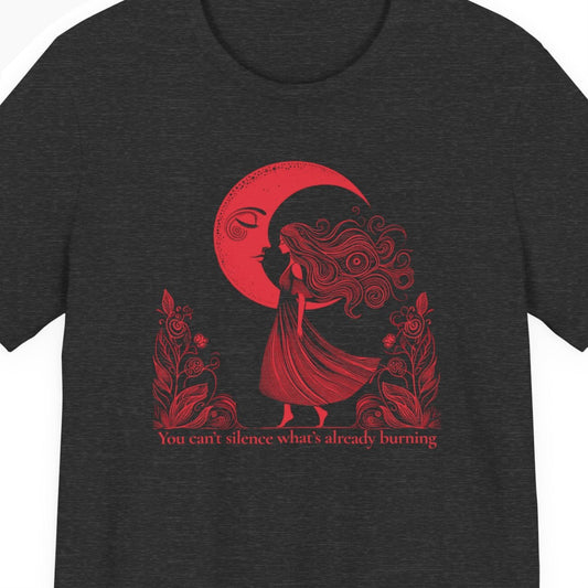 Black t-shirt with red graphic design of a woman, moon, and text on a white background