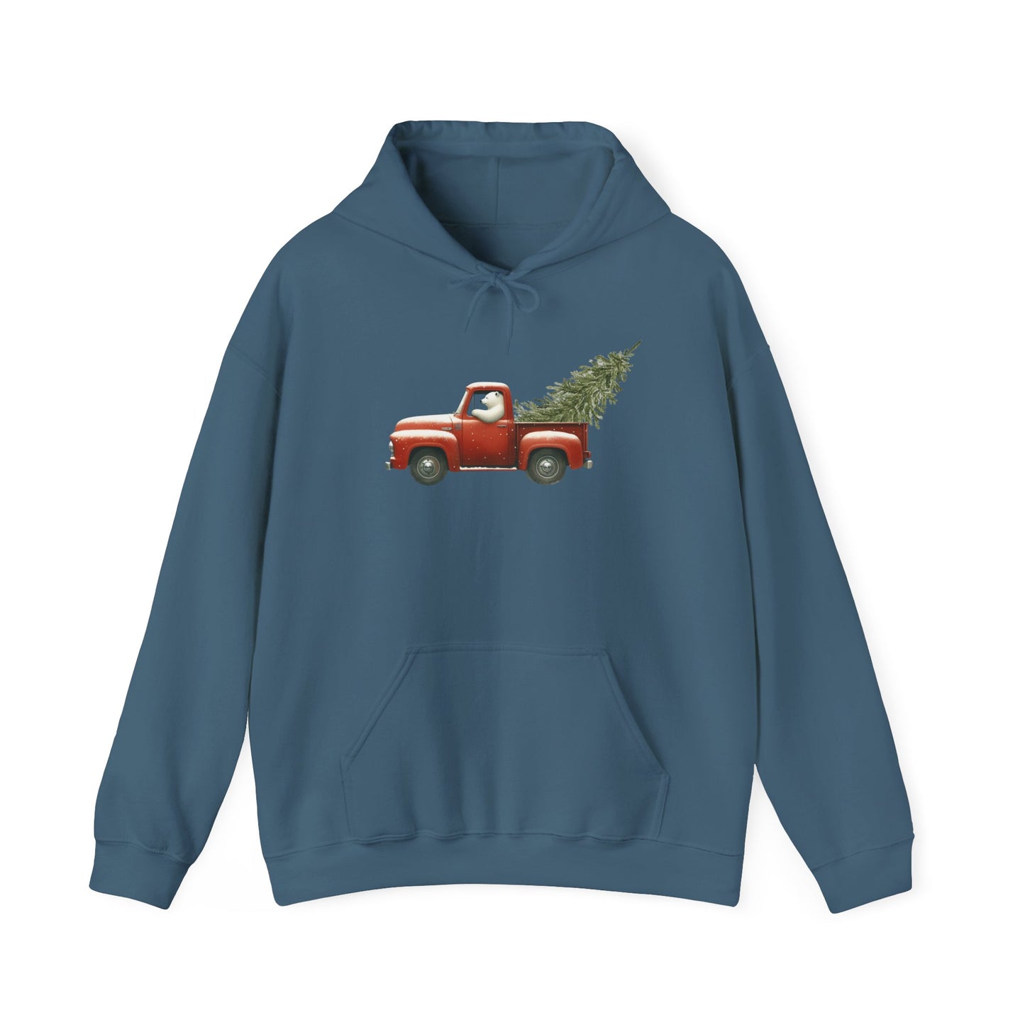 Snowy Christmas Ride, Polar Bear Red Truck Design Heavyweight Hoodie