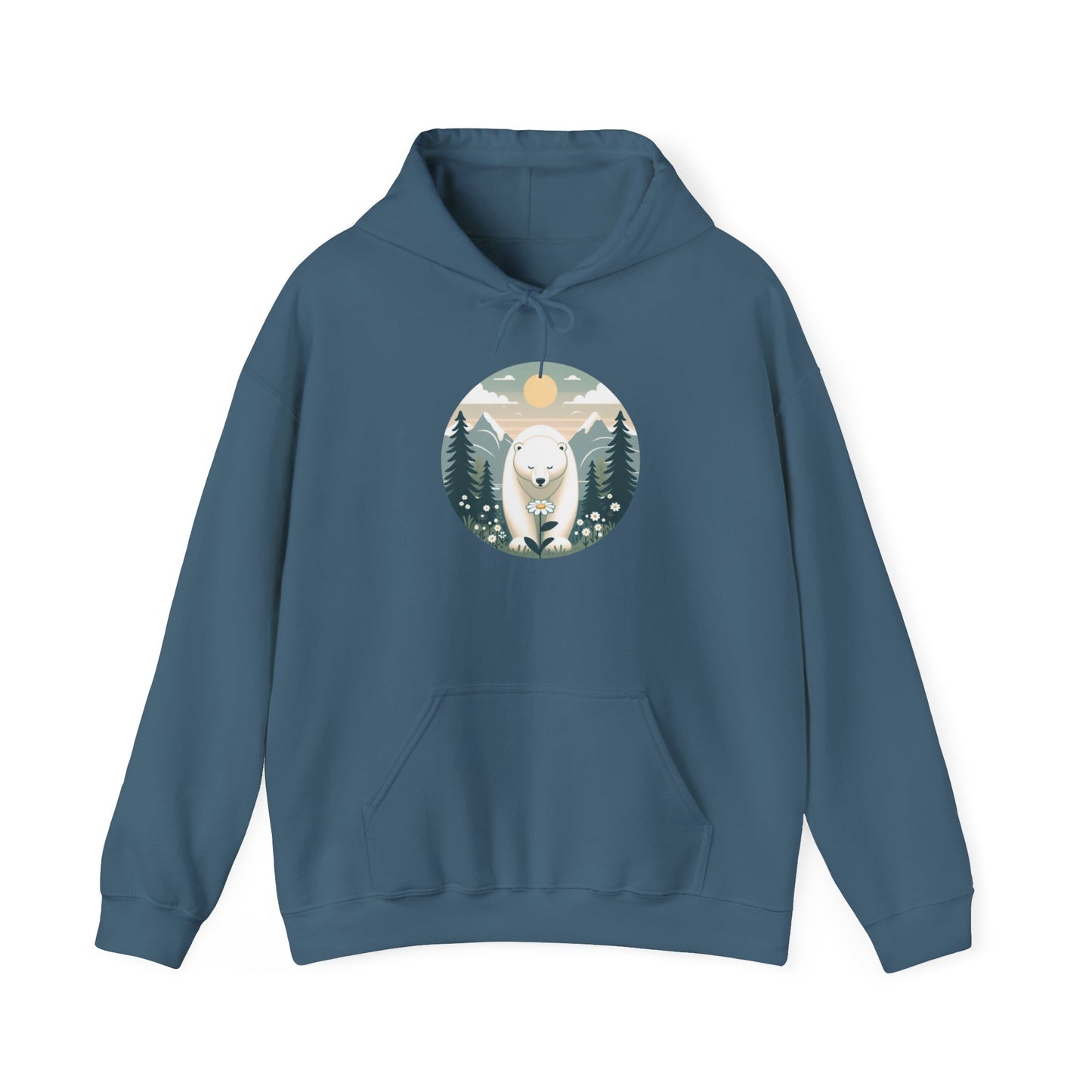 Polar Bear & Wildflower Mountain Hoodie, Heavyweight Cozy Nature Graphic Sweatshirt