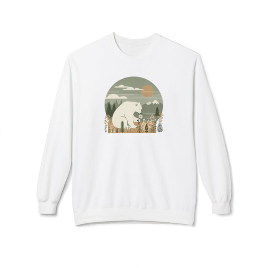 White sweatshirt with a bear graphic on a white background