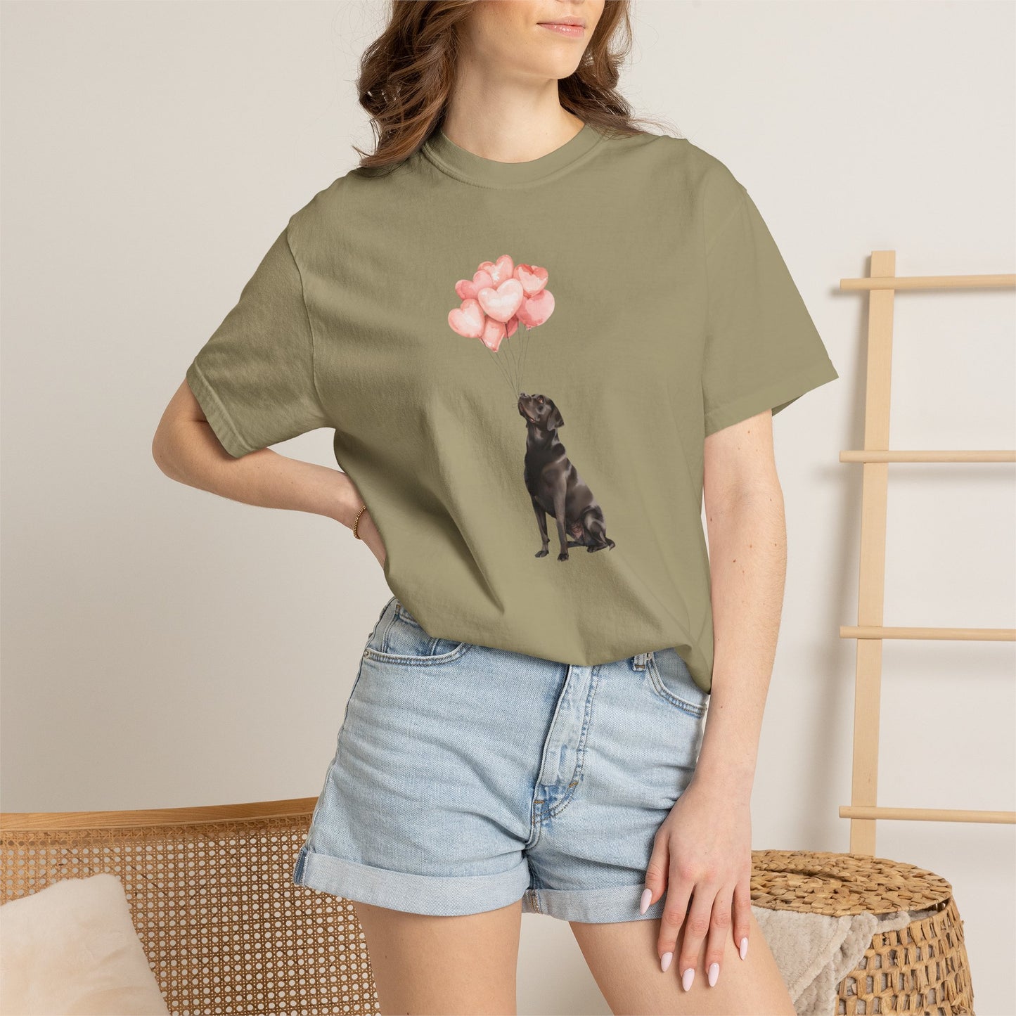 Black Labrador with Heart Balloons Comfort Colors Tee