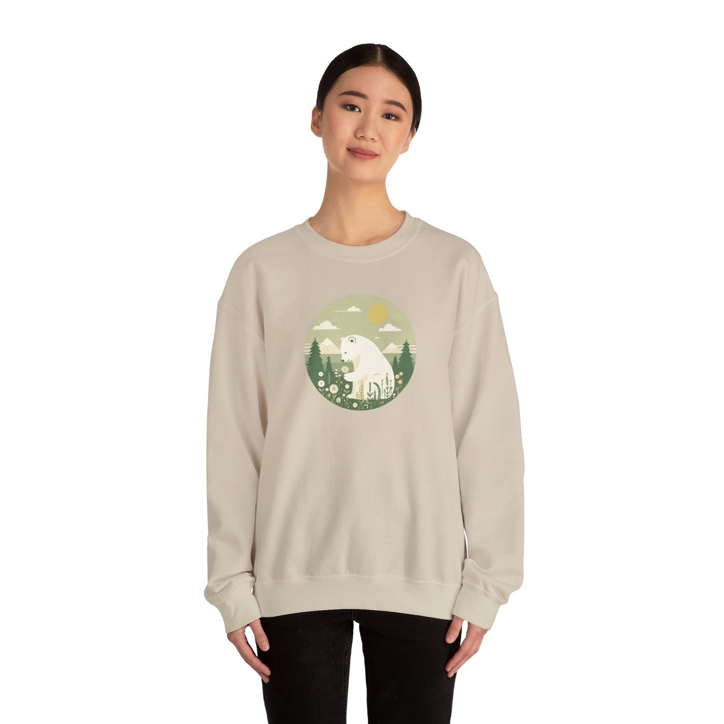 Person wearing a beige sweatshirt with a graphic design on a white background