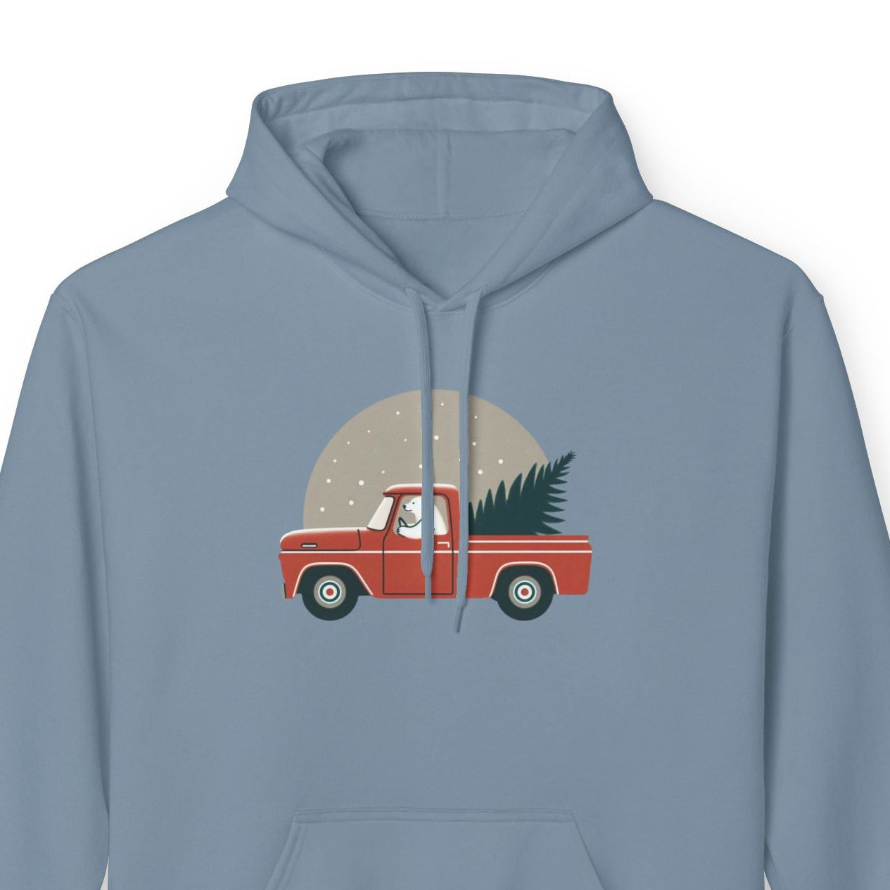 Blue hoodie with a red truck and Christmas tree graphic on a white background
