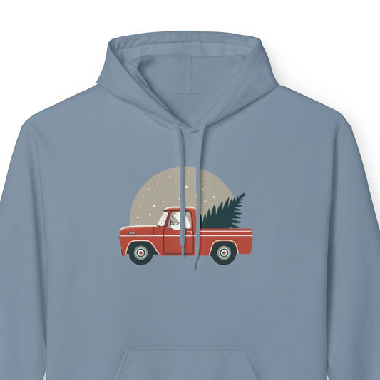 Blue hoodie with a red truck and Christmas tree graphic on a white background