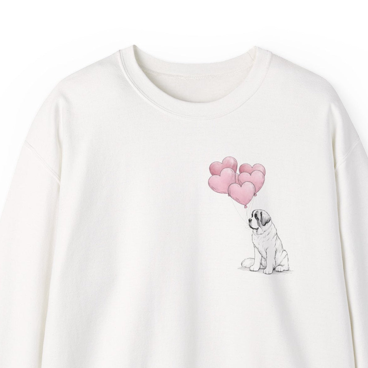 White sweatshirt with a dog and heart balloon design on a white background