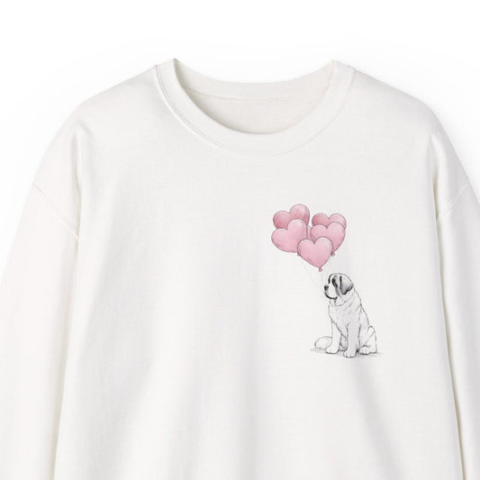 White sweatshirt with a dog and heart balloon design on a white background