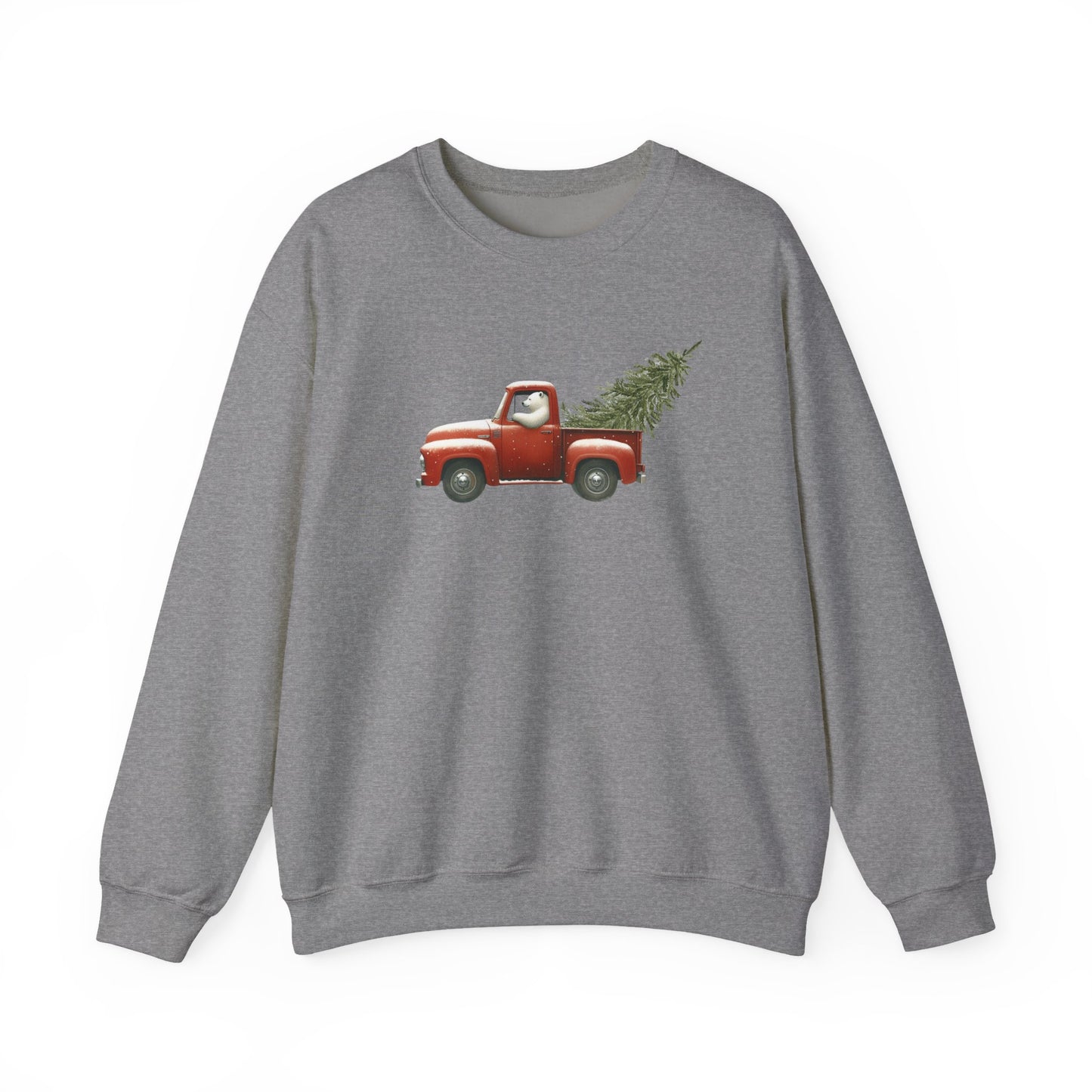 Snowy Christmas Ride, Polar Bear Red Truck Design Sweatshirt