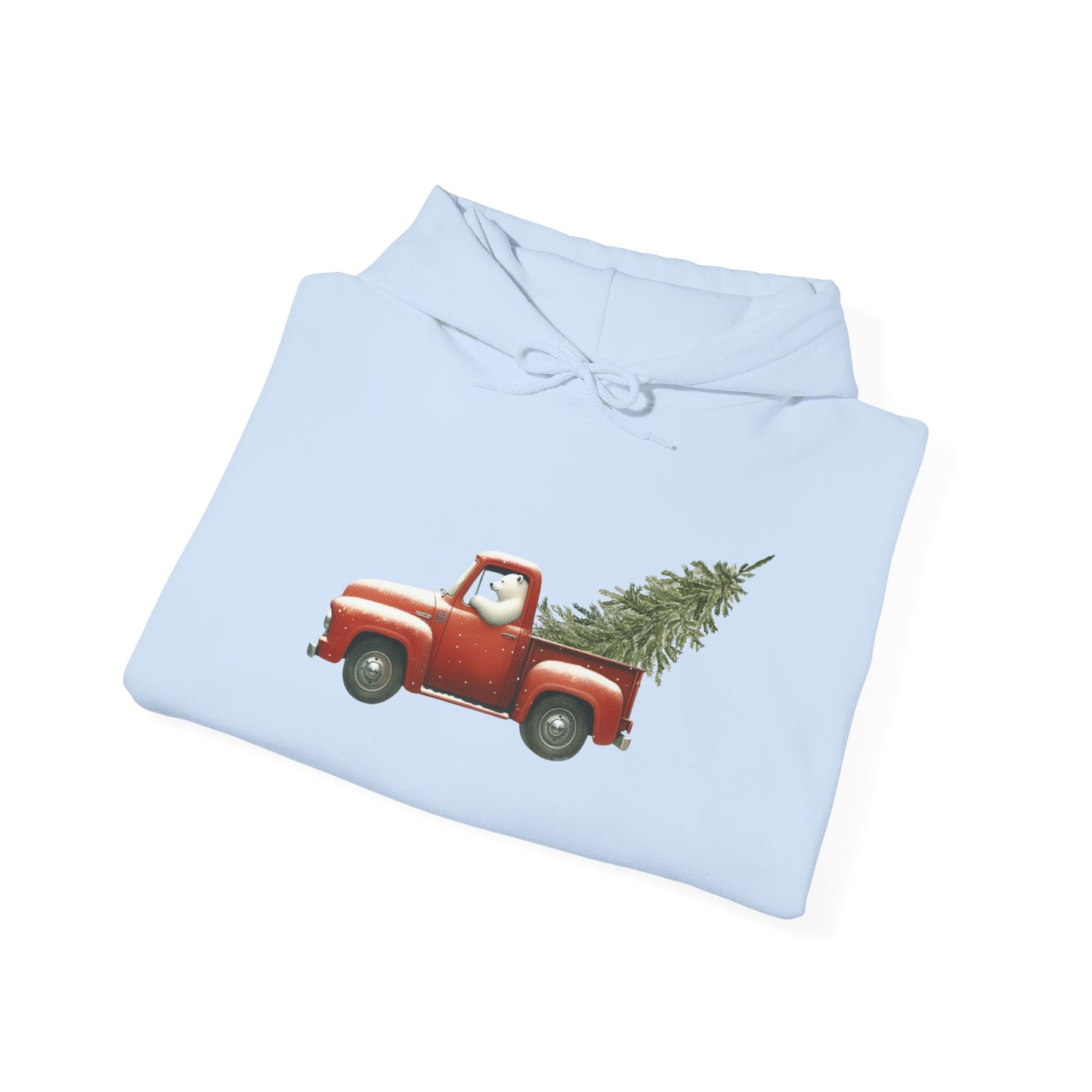 Snowy Christmas Ride, Polar Bear Red Truck Design Heavyweight Hoodie