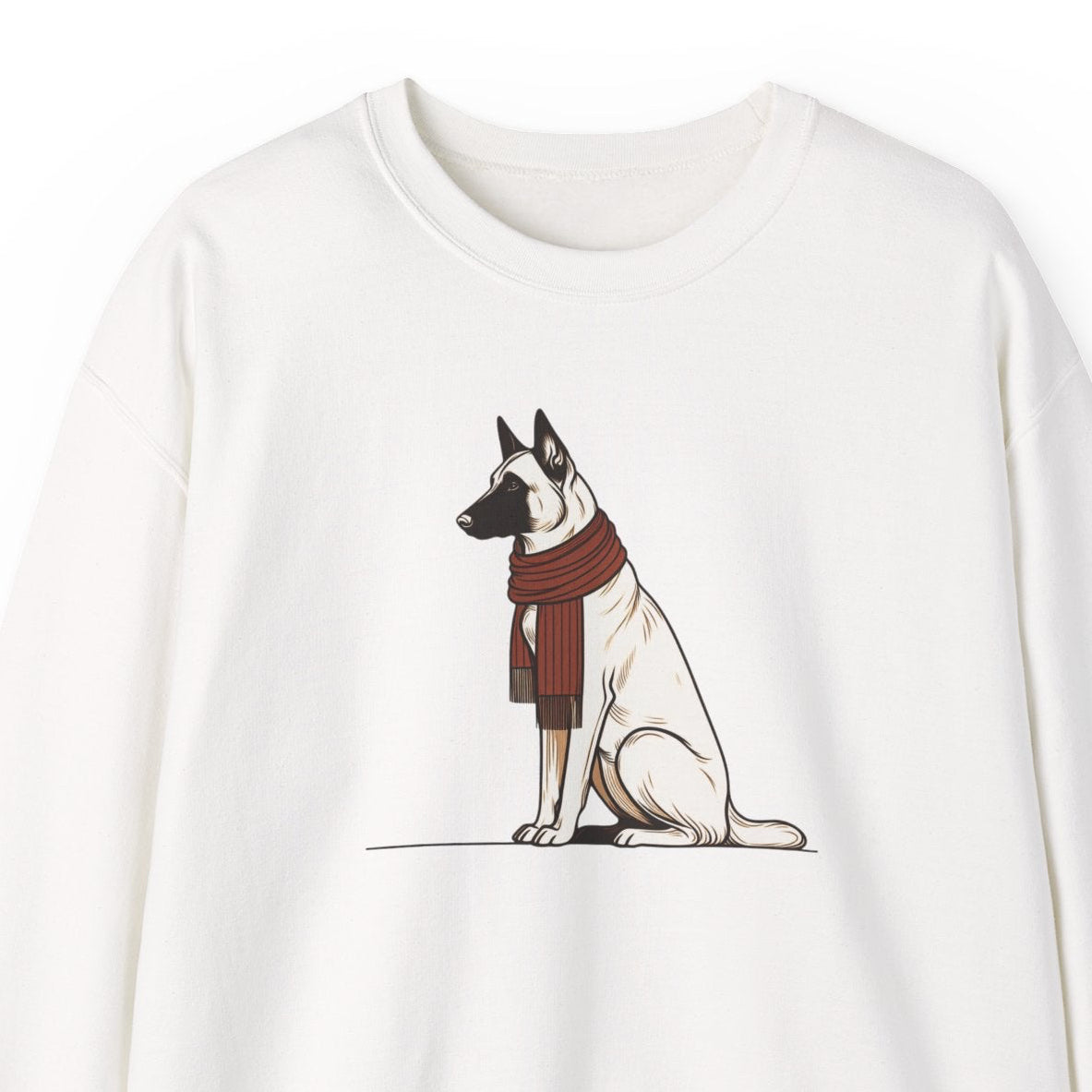 White sweatshirt with a dog illustration wearing a scarf on a white background