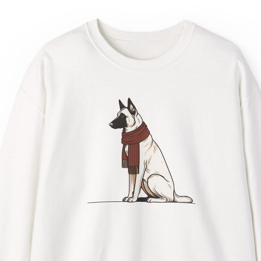 White sweatshirt with a dog illustration wearing a scarf on a white background