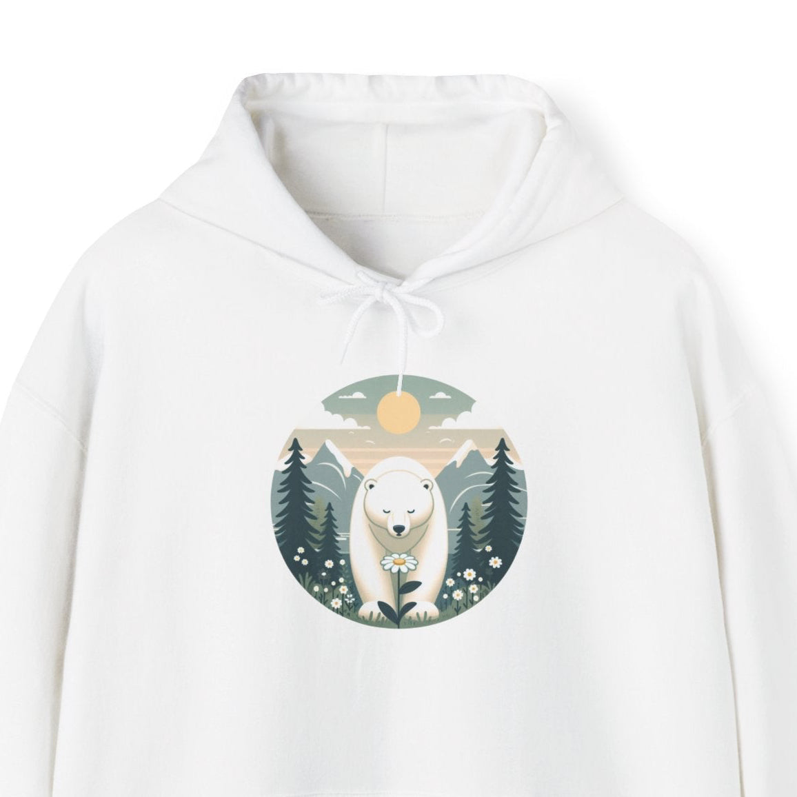White hoodie with a bear graphic on a white background