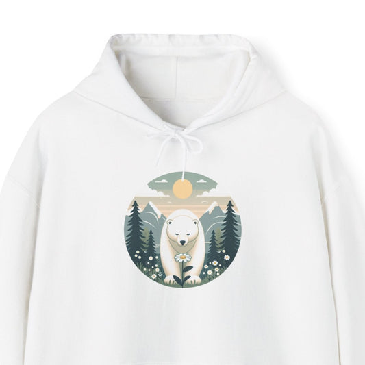 White hoodie with a bear graphic on a white background