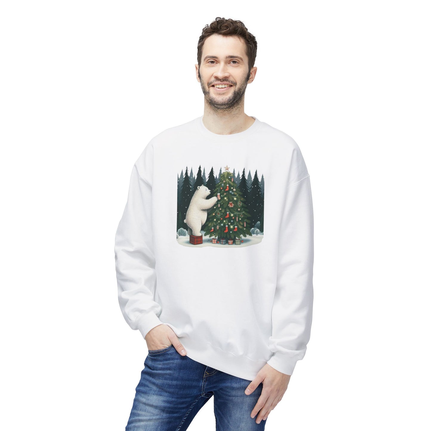 Man wearing a white sweatshirt with a Christmas-themed design of a bear and tree on a white background
